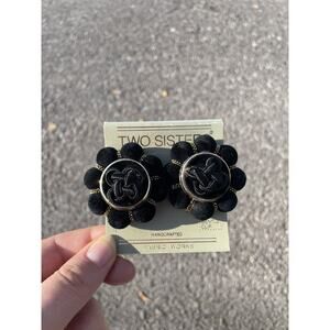 Vintage Two Sisters Black Velvet Round Bubble Clip-on Earrings Gold Accents